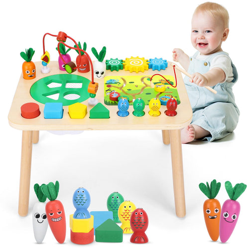 Activity Table for 1+ Year Old Girls Boys 7-in-1 Wooden Montessori Toys Activity Center Baby Toddler Sensory Toys Kids First Birthday Gift