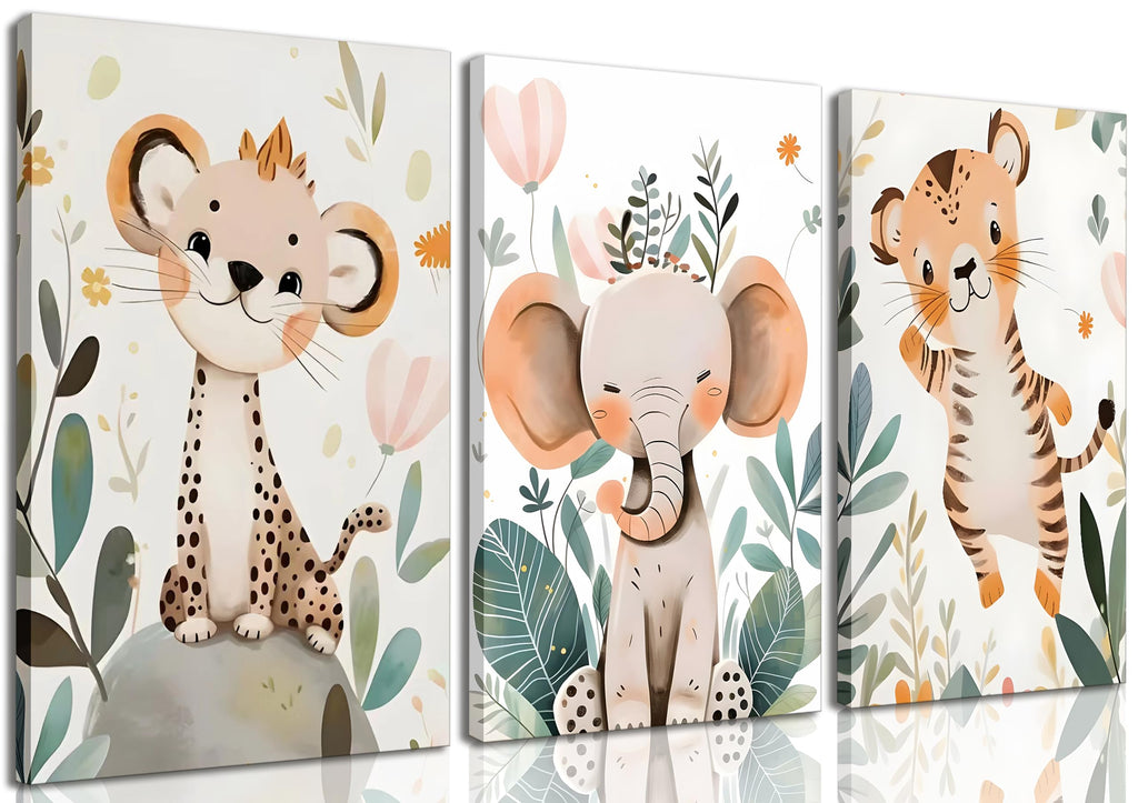 3 Pcs Safari Animals Nursery Canvas Wall Art Jungle Animals