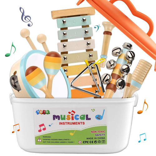 Baby Musical InstrumentsMontessori Wooden Toys for Toddlers 1-3 Preschool Educational Neutral Colors Percussion Instruments Set with Modern Boho Xylophone for Kids