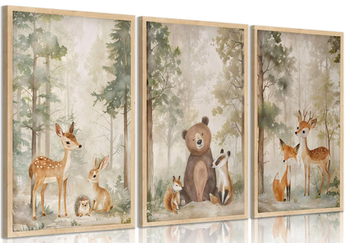 3Pcs Woodland Animal Nursery Canvas wall art