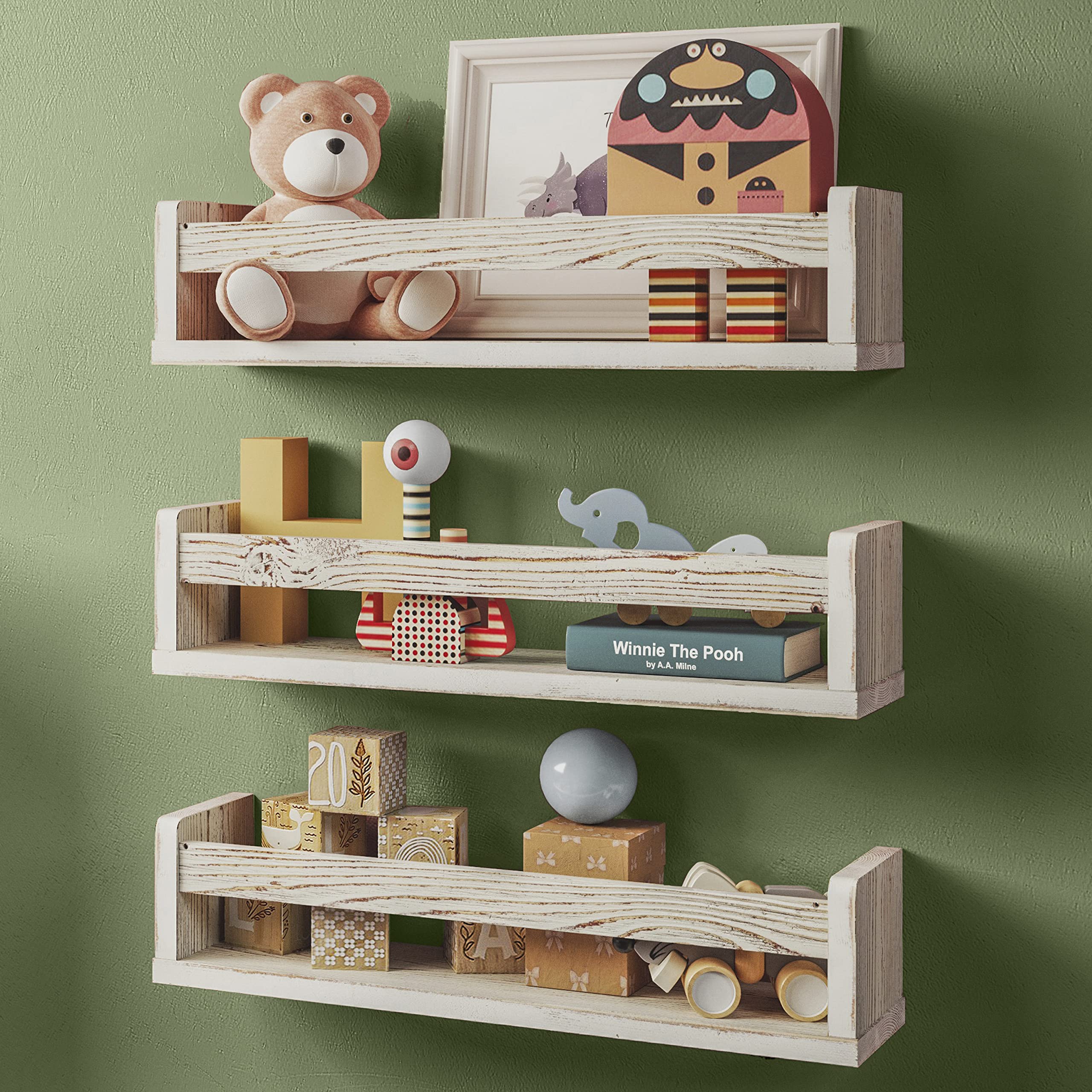 Set of 3 White Nursery Room Shelves Solid Wood
