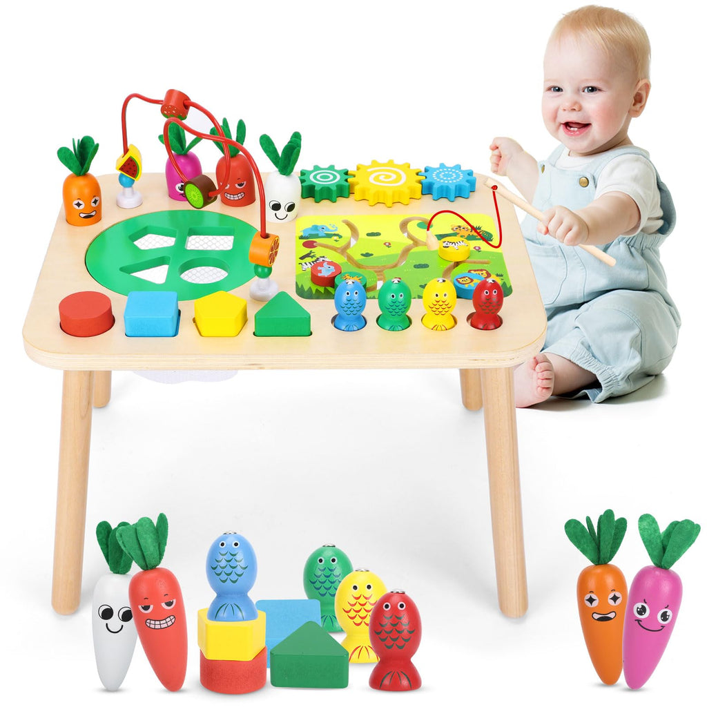 Activity Table for 1+ Year Old Girls Boys 7-in-1 Wooden Montessori Toys Activity Center Baby Toddler Sensory Toys Kids First Birthday Gift