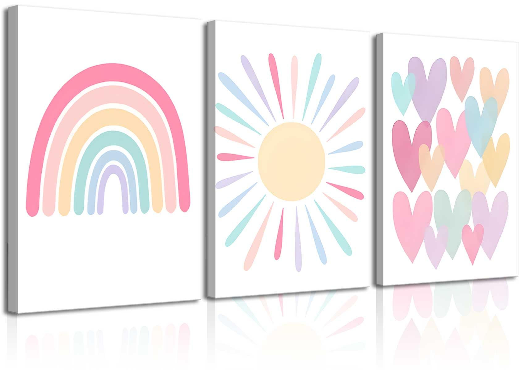 3Pcs Pink Nursery Canvas Wall Art Rainbow Poster