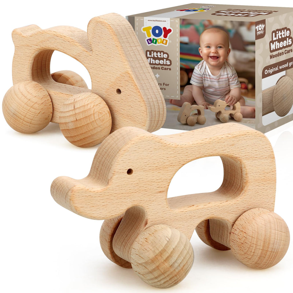Life Wooden Toys Cars Animal Wooden Cars Montessori Toys for Babies 0-6-12 Months Wooden Baby Toys for 1 Year Old Boy Birthday Gift Baby Boy Nursery Decor Elephant & Rabbit Toy Car