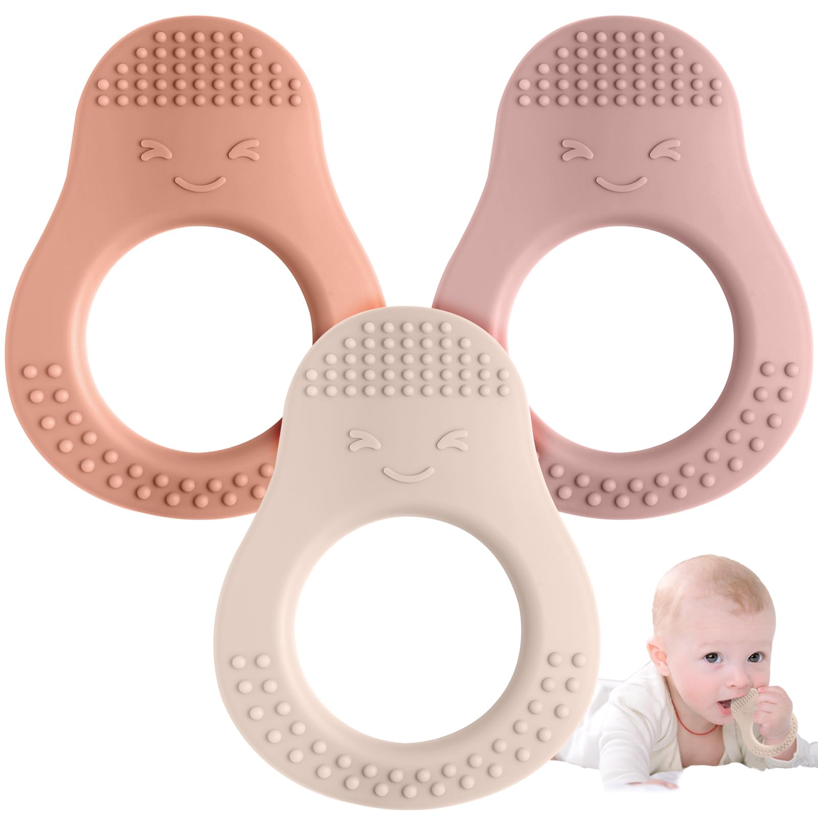 Eascrozn 3 Pack Baby Teething Toys Food Grade Silicone Teethers for Babies 3-6 6-12 Months Avocado Shape Baby Teether with Easy to Hold Teething Relief for Babies BPA Free