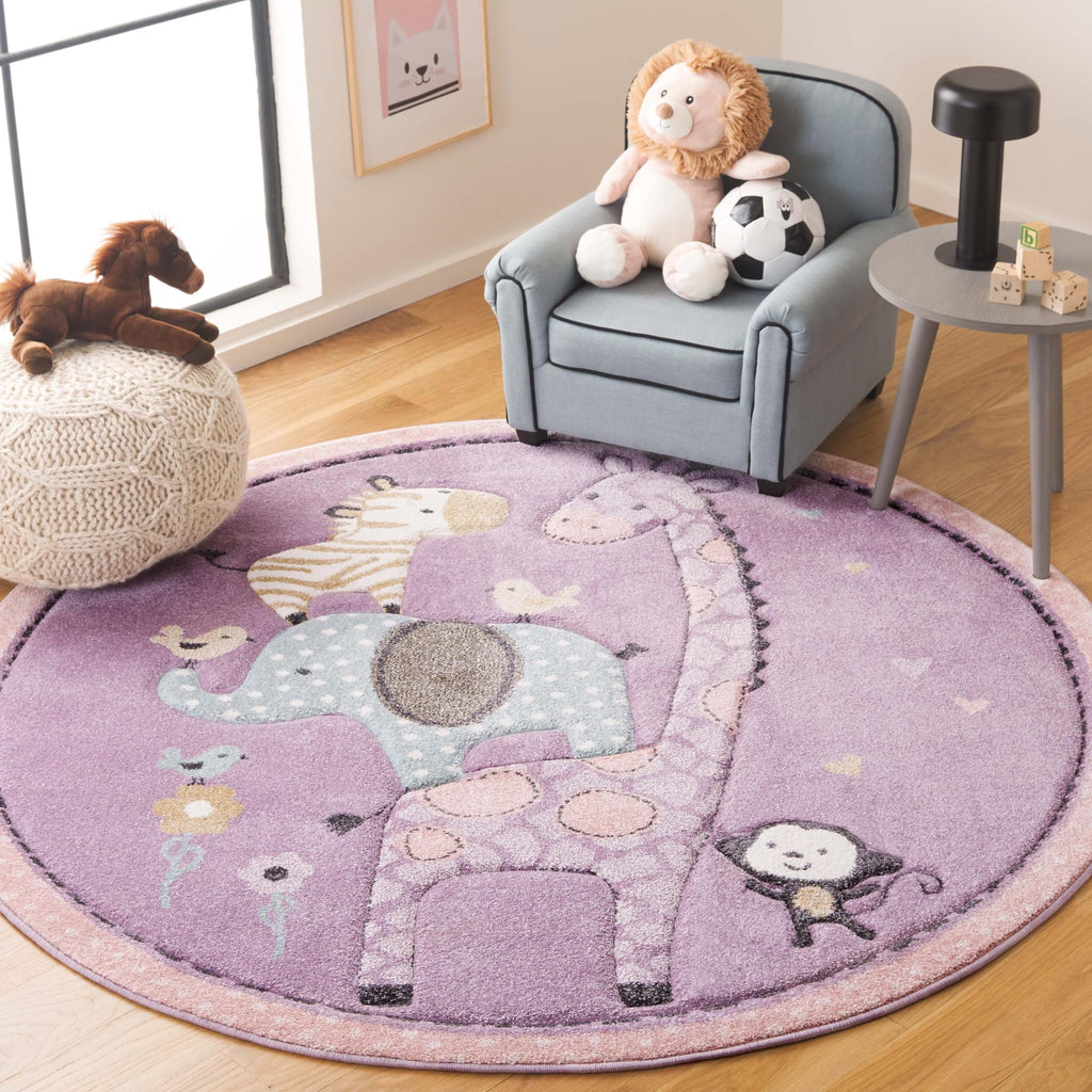 Carousel Kids Collection Area Rug - 53" Round Purple Animal Design Easy Care & Non-Shedding Ideal for High Traffic Areas for Boys & Girls in Playroom Nursery (CRK120V-5R)