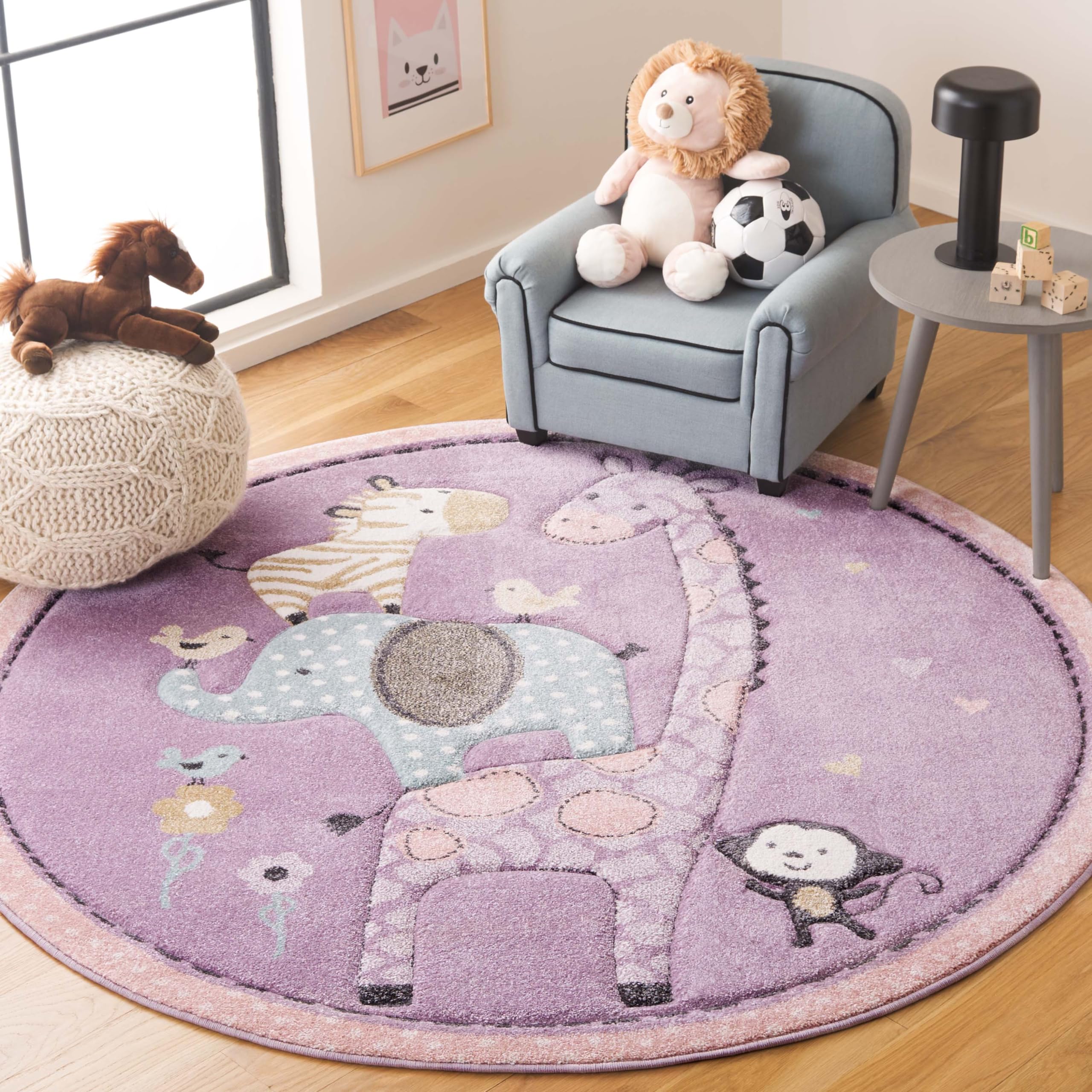 Carousel Kids Collection Area Rug - 53" Round Purple Animal Design Easy Care & Non-Shedding Ideal for High Traffic Areas for Boys & Girls in Playroom Nursery (CRK120V-5R)