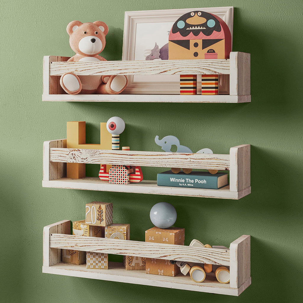 Set of 3 White Nursery Room Shelves Solid Wood